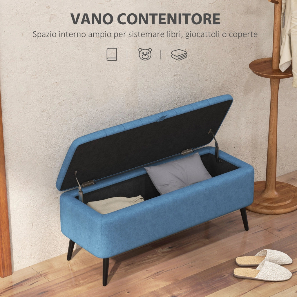 Panca Contenitore 102x40x44 cm Poggiapiedi Imbottito in Tessuto Effetto Lino Blu Scuro