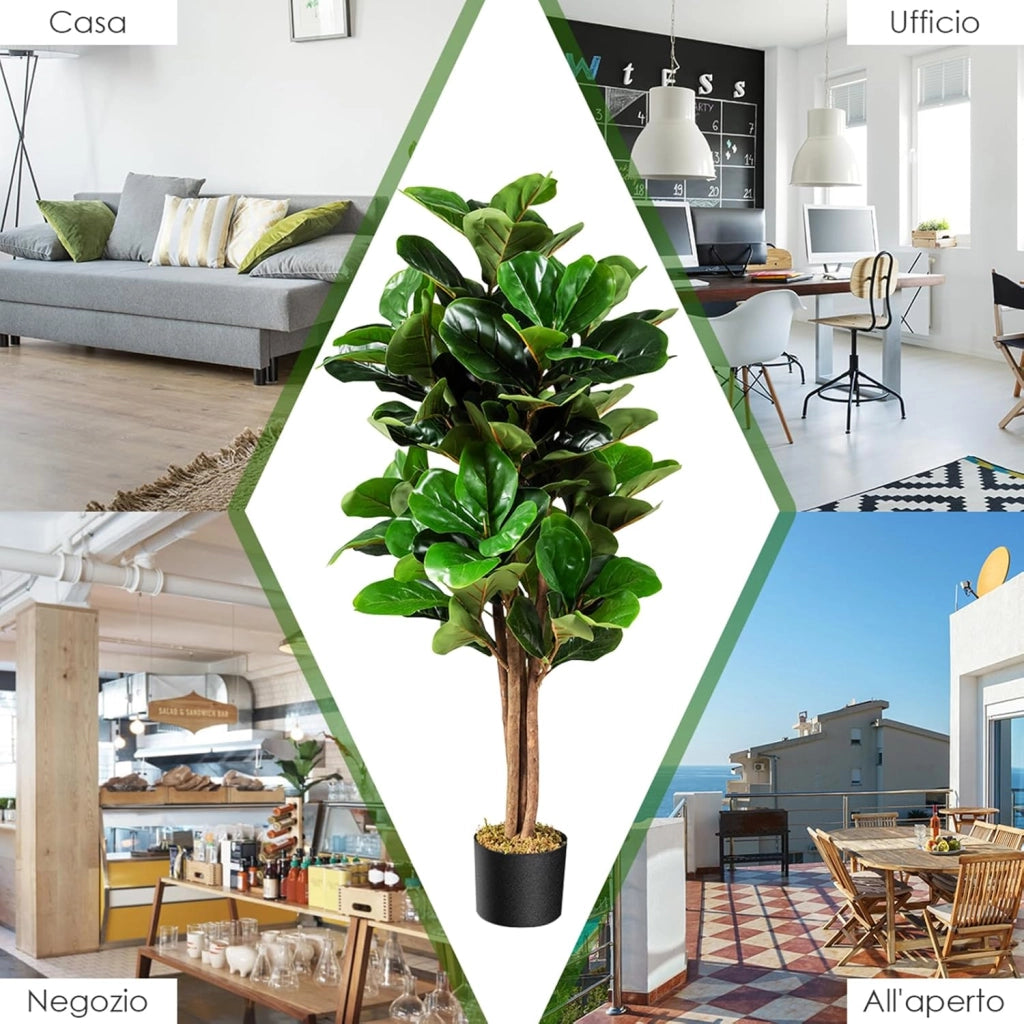 Ficus Lyrata Artificiale da 1,2 Metri, Pianta Finta con Foglie Realistiche in PEVA, Pianta Artificiale da Interno ed Esterno con Vaso in PP, Ideale per Casa e Ufficio