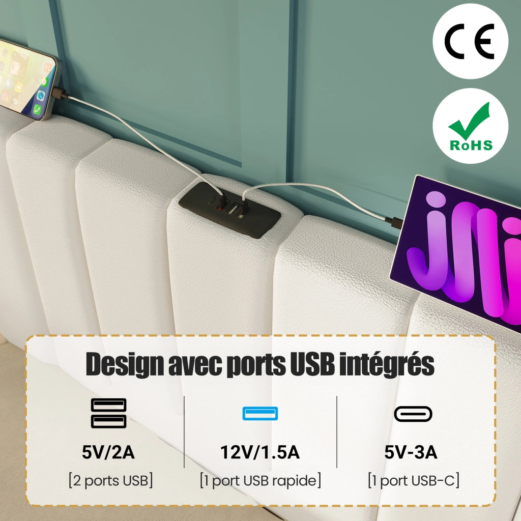Letto Contenitore 160x200 cm; Letto Matrimoniale - 3 USB; 1 porta tipo C; LED 360° - PU - Bianco