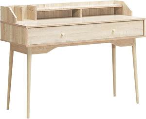Scrivania con Cassetto, Tavolo per Casa e Ufficio con Gambe Resistenti in Legno di Gomma e 2 Scompartimenti, Ideale per Salone Studio Camera da Letto, 120 x 50 x 93 cm (Naturale)
