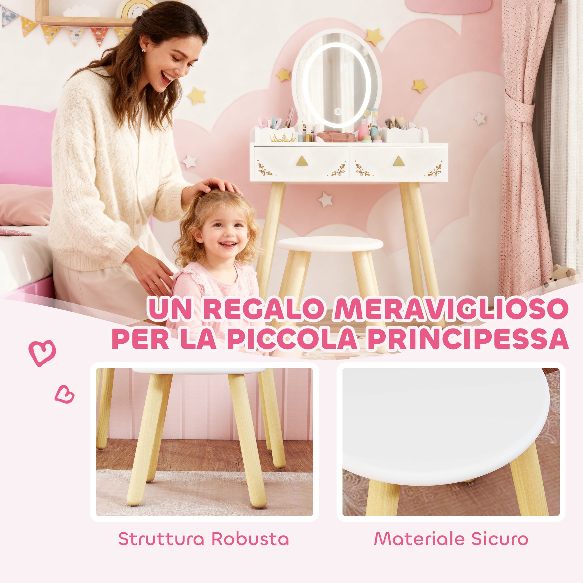 Set Toeletta per Bambine da 3 Anni con Specchio Illuminato e Sgabello 2 Cassetti e 2 Scatole Bianco