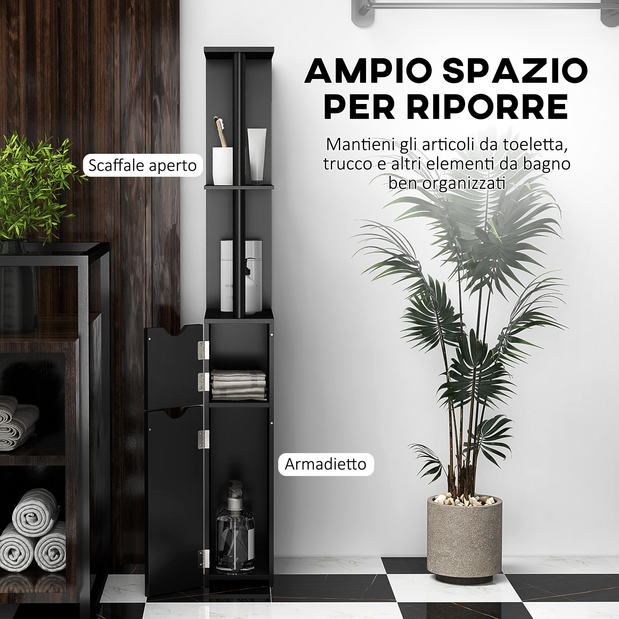 Mobile a Colonna da Bagno Salvaspazio 2 Ripiani e 2 Armadietti 15,2x29,8x118 cm Nero e Oro
