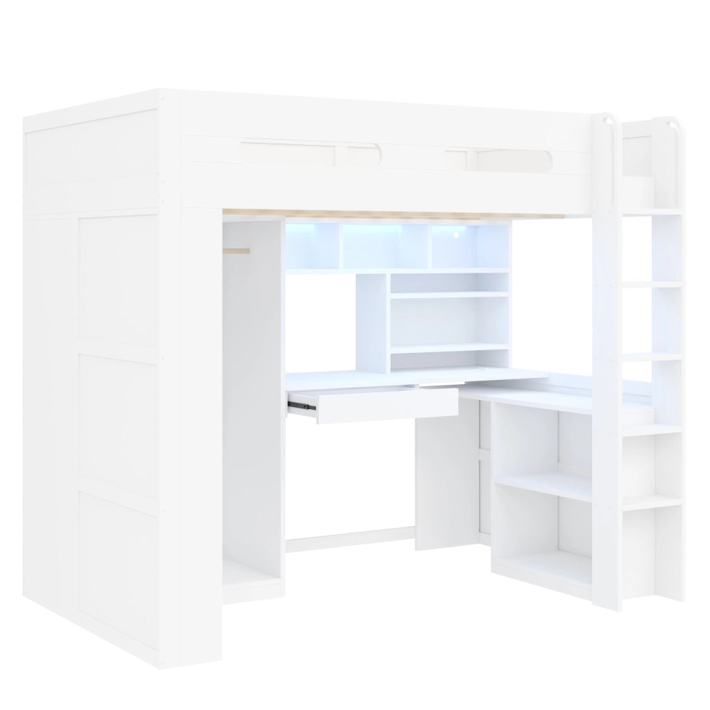 Letto a Soppalco 90x200 cm; Letto Singolo - Scrivania; Cassetto; LED - Bianco