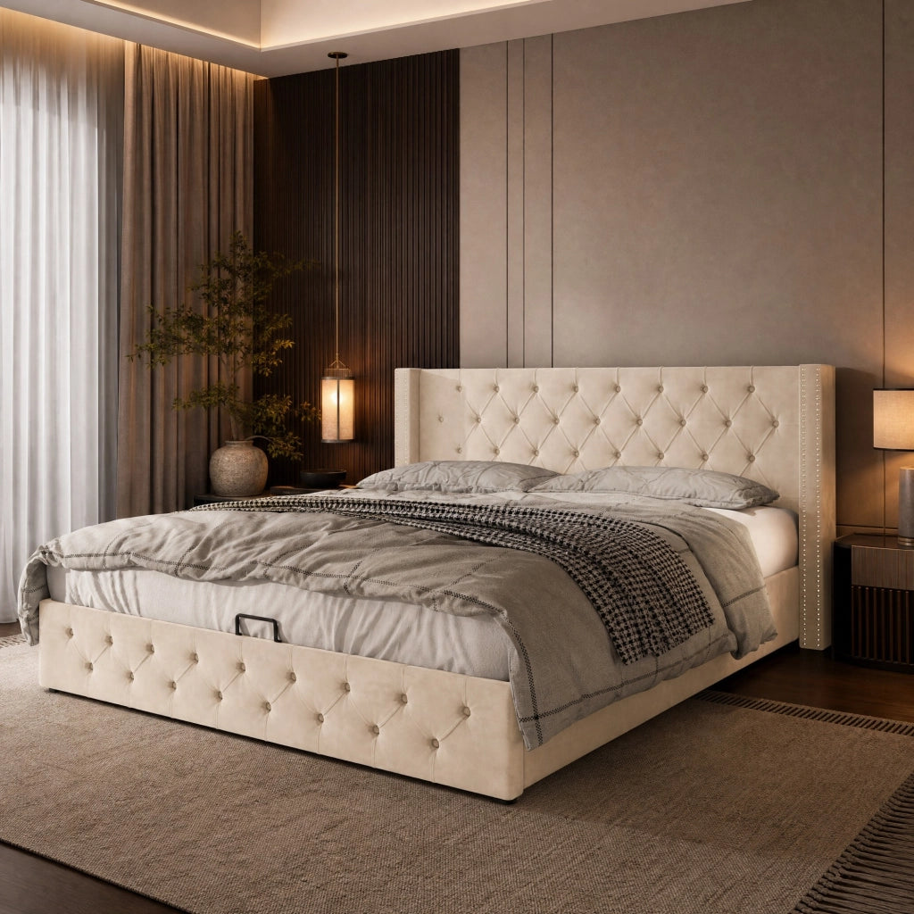 Letto matrimoniale imbottito stile Chesterfield 140x200 cm in velluto beige con contenitore