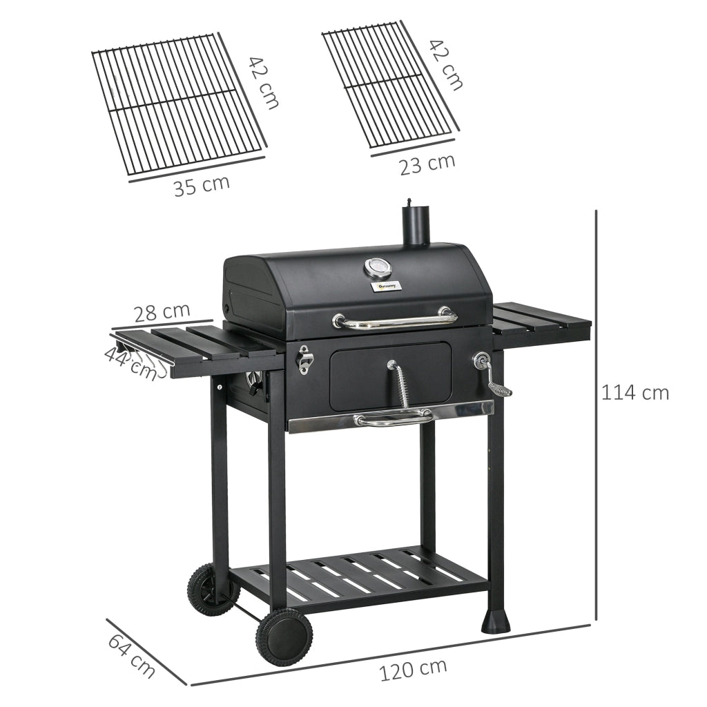 Barbecue a Carbone Griglia Regolabile con Coperchio Ruote e Tavolini Nero