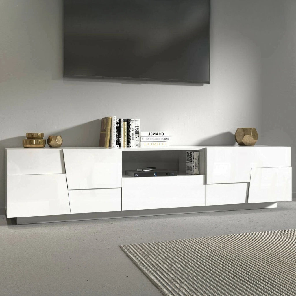 Mobile porta TV Maestrale, Credenza bassa da soggiorno con 4 ante e 1 cassetto, Base porta TV, 220x44h46 cm, Bianco lucido