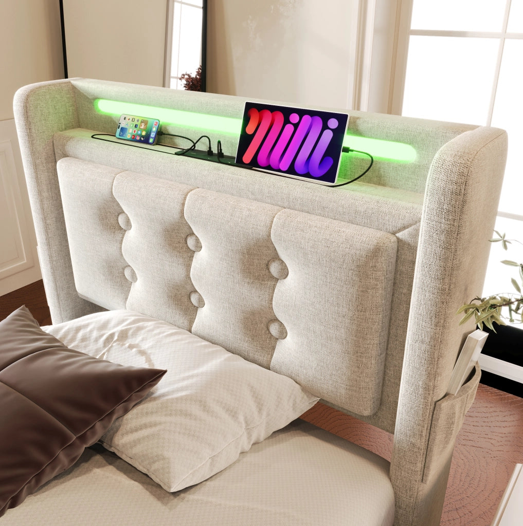 Letto singolo 90x200 cm imbottito in tessuto cotone e lino; con LED; USB e contenitore; beige