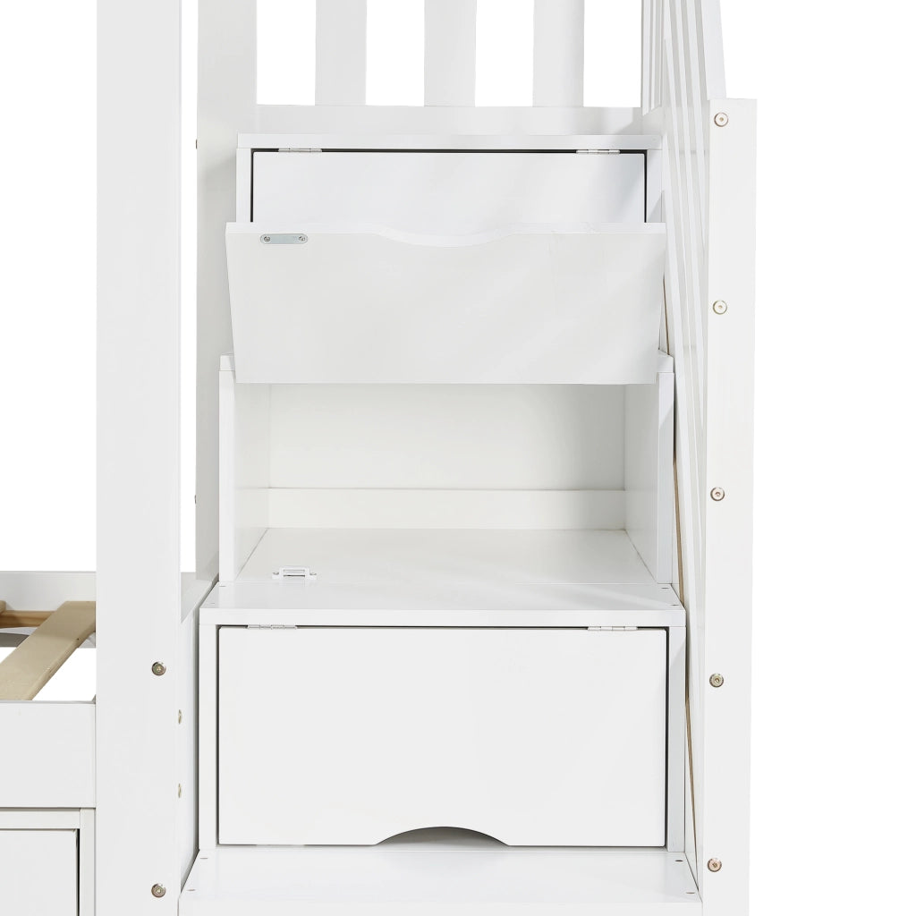 Letto a Castello 90x200 cm; 2 Posti - Scala con Contenitore e Ripiani; in Legno; Bianco