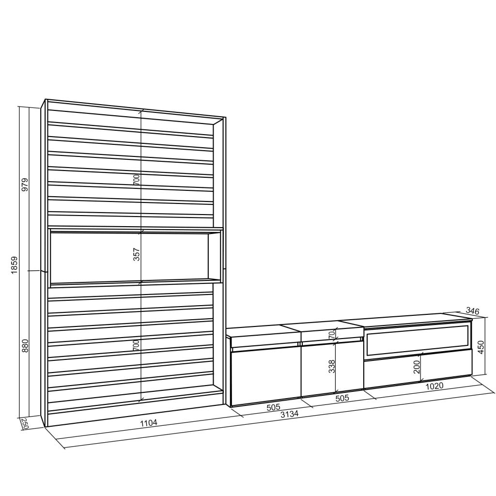 Mobile TV, Soggiorno, 310x35x186cm, Per TV fino a 80", Camino elettrico, colore Rovere e nero RF2863