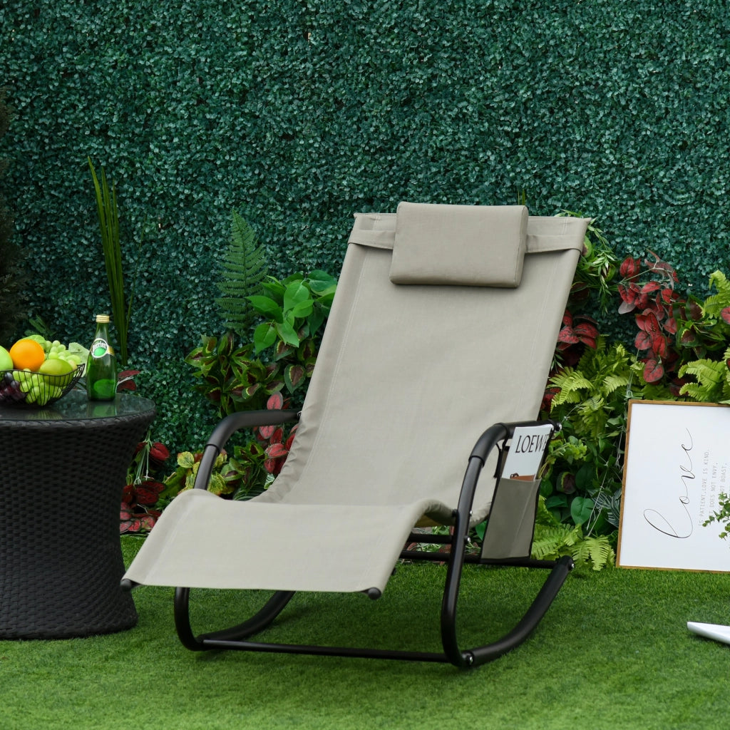 Poltrona a Dondolo da Giardino con Poggiatesta e Tasca Laterale, 150x62x88 cm, Nero e Grigio