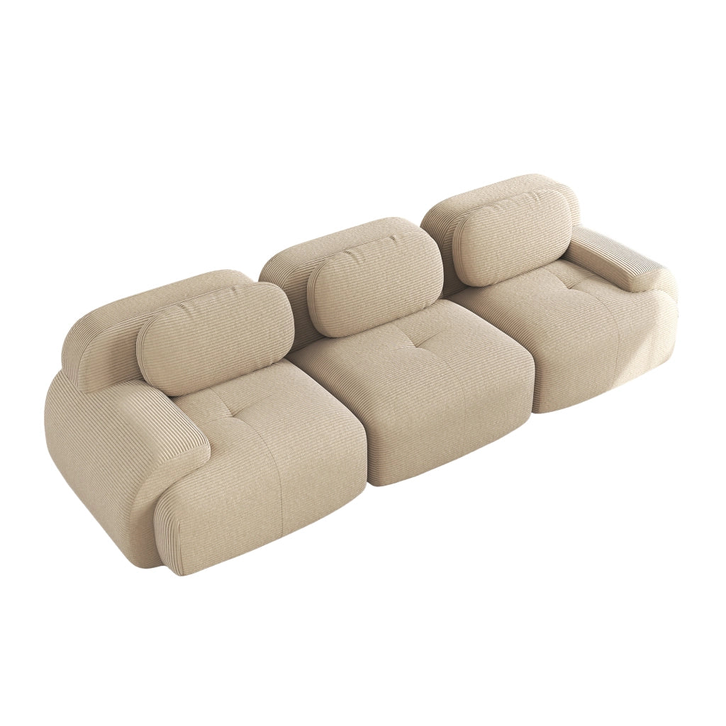 divano angolare modulare 3 posti senza struttura con base antiscivolo e braccioli curvi in velluto a coste beige