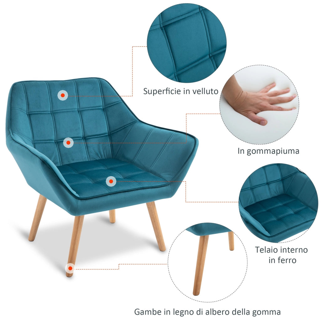 EasyComfort Poltroncina da Camera Design Scandinavo, Poltrona in Velluto e Legno, Color Petrolio, per Soggiorno o Ufficio, 67x61.5x71cm