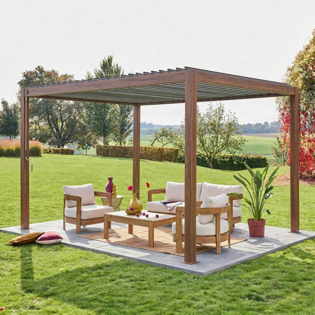 Pergola bioclimatica 3x4m in alluminio, lamelle orientabili, marrone