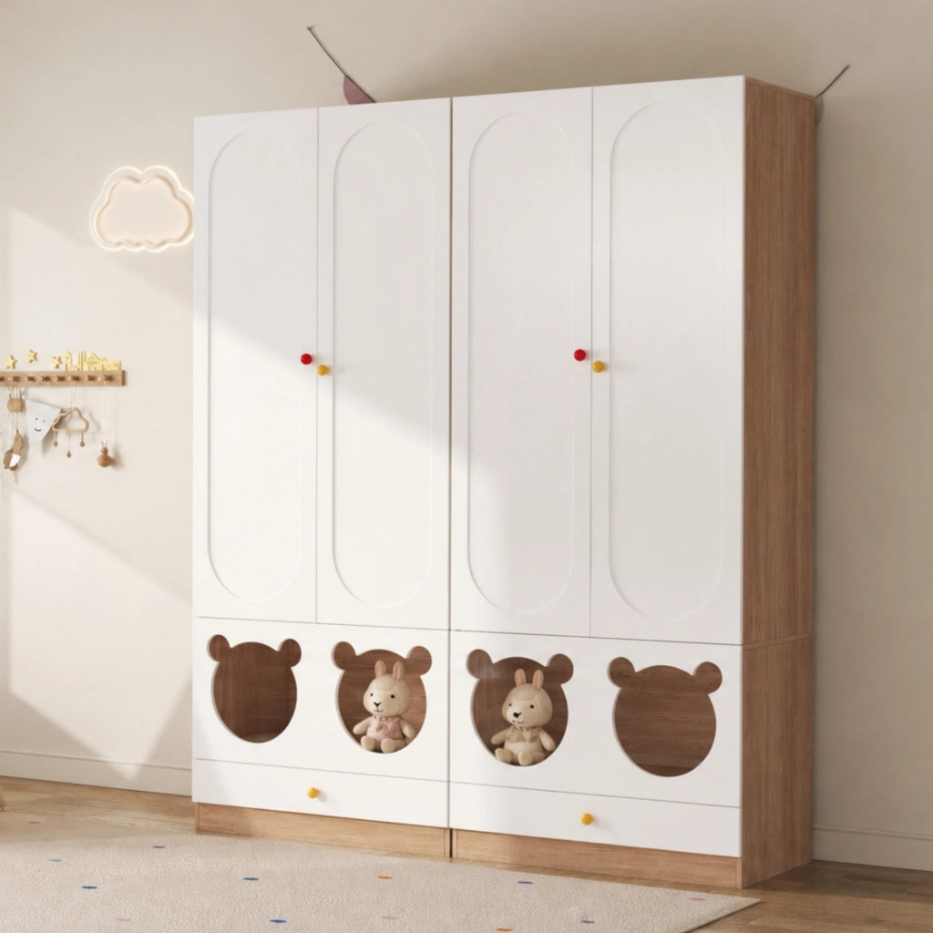 Armadio a 2 ante per bambini con barra appendiabiti e cassetti, 80 × 50 × 200 cm, bianco e effetto legno