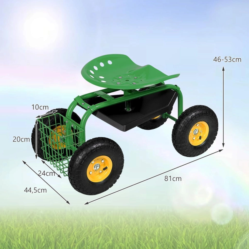 Sedia a rotelle per giardinaggio, girevole a 360° e regolabile in altezza da 46-53 cm, con cestino e ripiano, portata 150 kg, per giardinaggio e cura dell'auto, verde