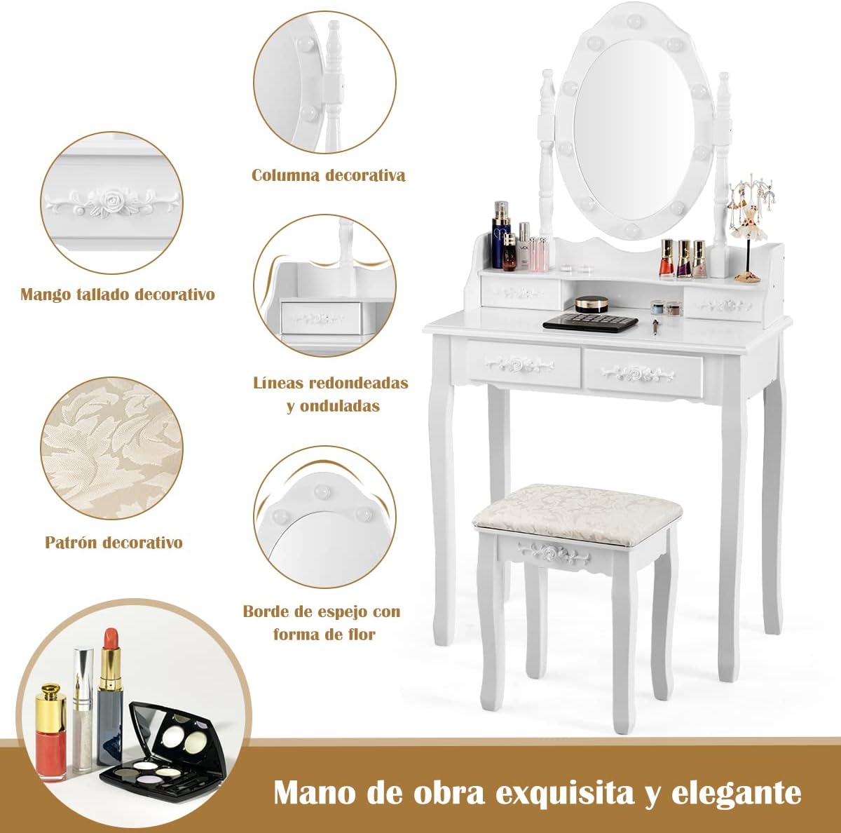 Toeletta Trucco con Specchio Girevole, 10 Luci LED, Luminosità Regolabile, Postazione Trucco con Sgabello e 4 Cassetti, Tavolo da Trucco Scrivania Camera da Letto, 146x75x40cm (Bianco)