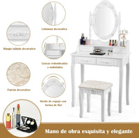 Toeletta Trucco con Specchio Girevole, 10 Luci LED, Luminosità Regolabile, Postazione Trucco con Sgabello e 4 Cassetti, Tavolo da Trucco Scrivania Camera da Letto, 146x75x40cm (Bianco)