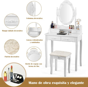 Toeletta Trucco con Specchio Girevole, 10 Luci LED, Luminosità Regolabile, Postazione Trucco con Sgabello e 4 Cassetti, Tavolo da Trucco Scrivania Camera da Letto, 146x75x40cm (Bianco)