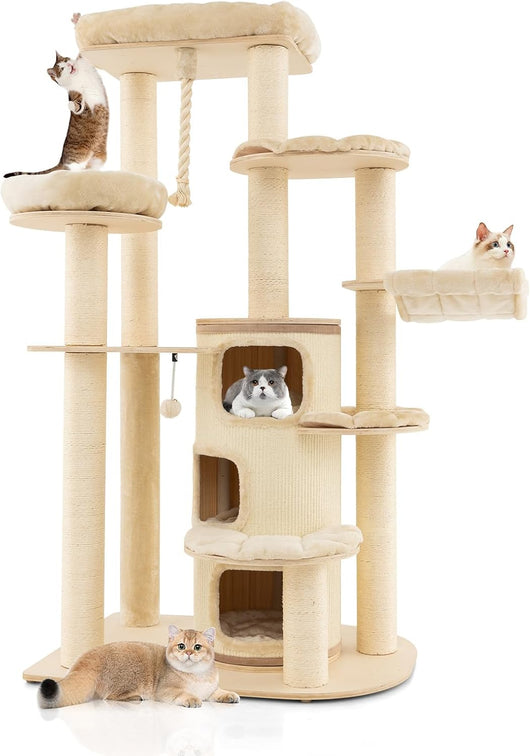 Albero Tiragraffi da 173 cm per Gatti, Torre per Gatti in Legno con Nicchia a 3 Piani, 2 Cucce Tiragraffi, Piattaforme, Amaca, Mobili Moderni per Gatti da Interno (Beige)