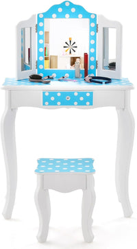2 in 1 Toeletta Trucco per Bambini con Sgabello, Tavolo per Trucco con Specchio Triplo e Cassetto, Specchio Rimovibile, 3 Anni + (Blu + Bianco)