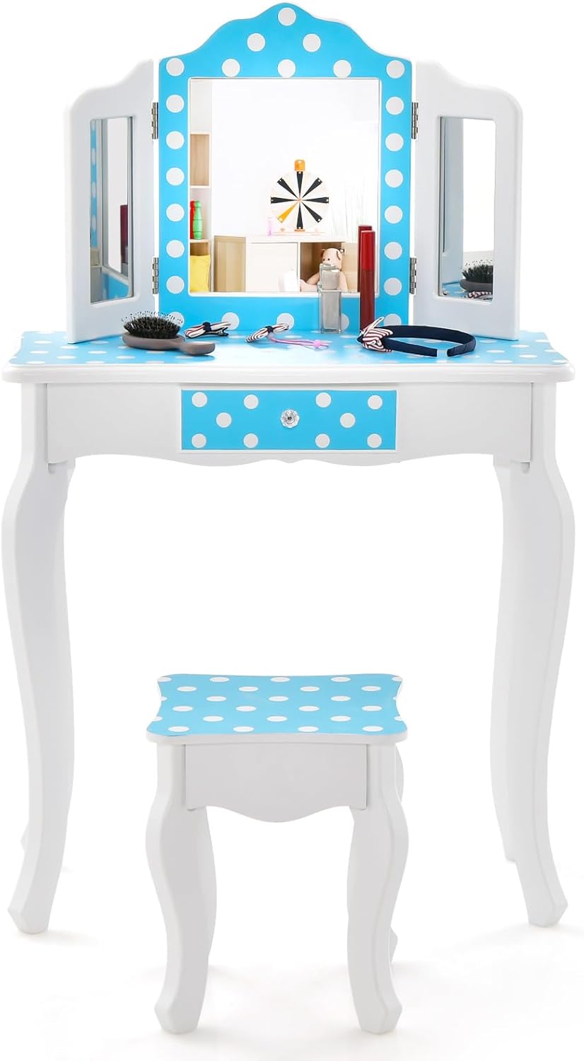 2 in 1 Toeletta Trucco per Bambini con Sgabello, Tavolo per Trucco con Specchio Triplo e Cassetto, Specchio Rimovibile, 3 Anni + (Blu + Bianco)