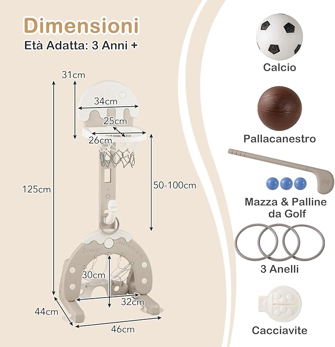Canestro da Basket per Bambini, 4 in 1 Centro Attività, Porta Calcio Golf Gioco del Cerchio, Altezza Regolabile per Interni ed Esterni, Regalo per Bambini 3-10 Anni