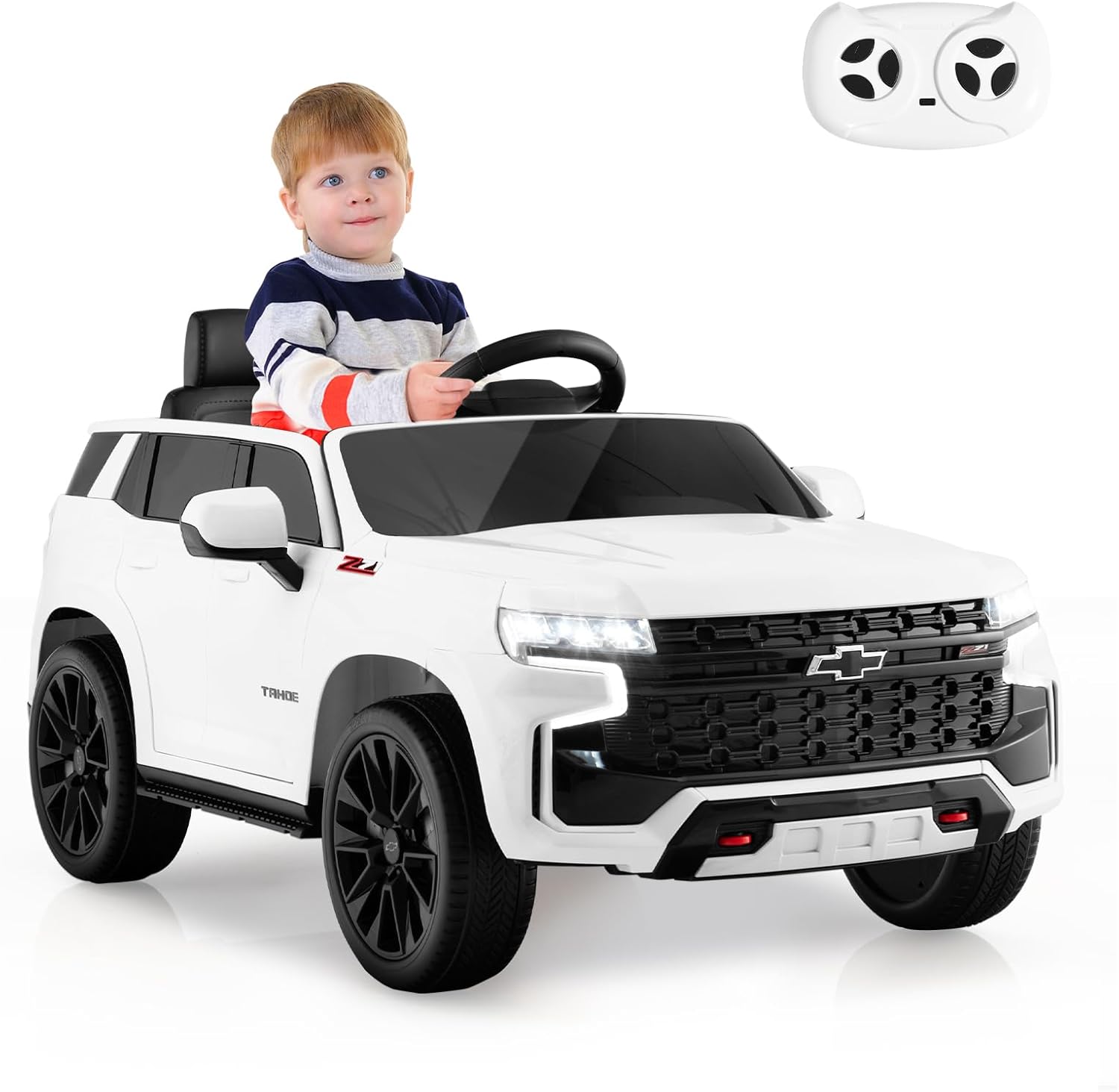 12V Macchina Elettrica per Bambini Chevrolet, SUV Elettrica con Telecomando Luci Luminose e Musica, 3-3,5 km/h, Ideale per Bambini di 3-6 Anni (Bianco)
