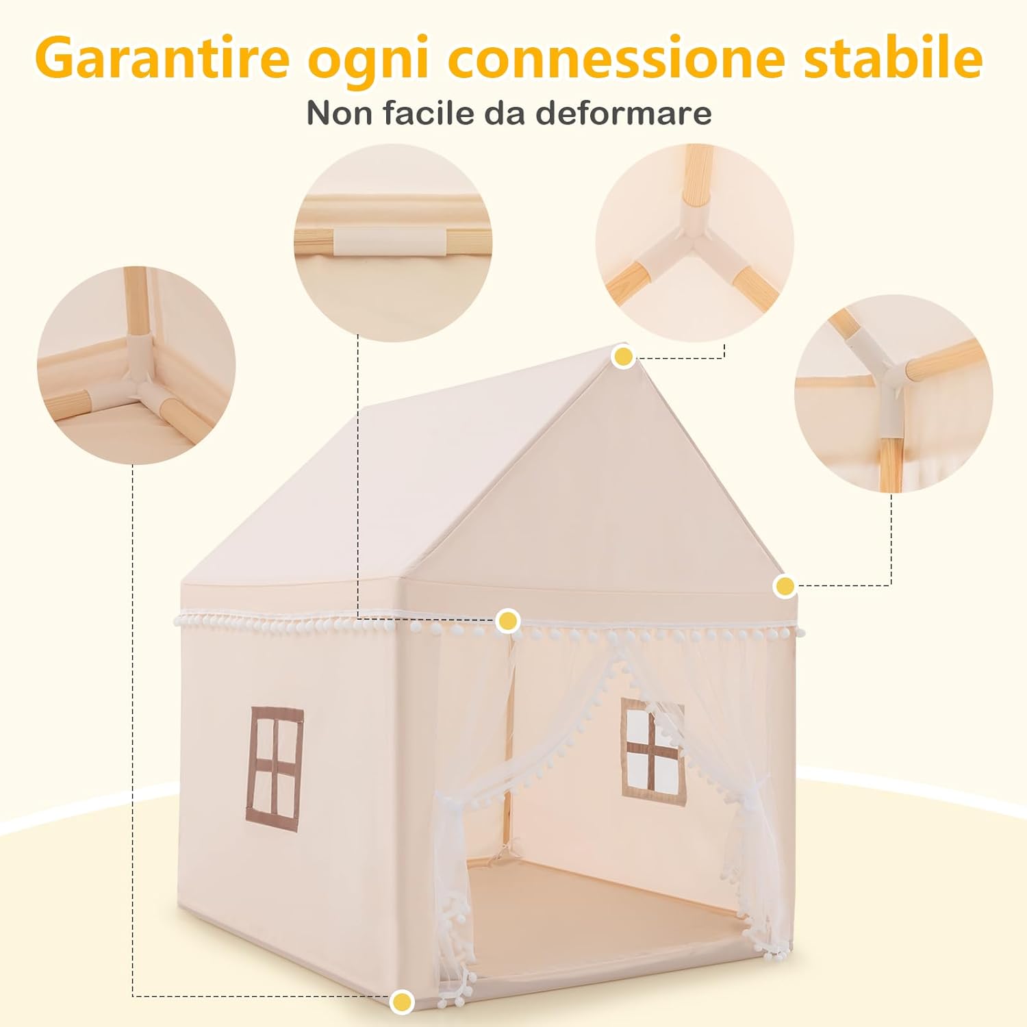 Tenda da Gioco Casetta per Bambini, Castello Giocattolo in Legno Cotone, con Struttura Stabile e Finestre Traspirabili, 105x120x140 cm (Beige)