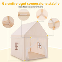 Tenda da Gioco Casetta per Bambini, Castello Giocattolo in Legno Cotone, con Struttura Stabile e Finestre Traspirabili, 105x120x140 cm (Beige)