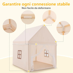 Tenda da Gioco Casetta per Bambini, Castello Giocattolo in Legno Cotone, con Struttura Stabile e Finestre Traspirabili, 105x120x140 cm (Beige)