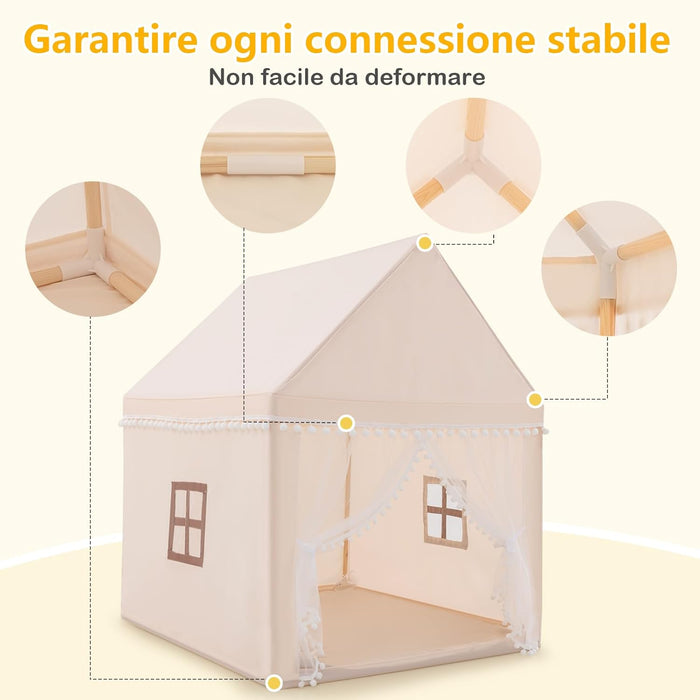 Tenda da Gioco Casetta per Bambini, Castello Giocattolo in Legno Cotone, con Struttura Stabile e Finestre Traspirabili, 105x120x140 cm (Beige)