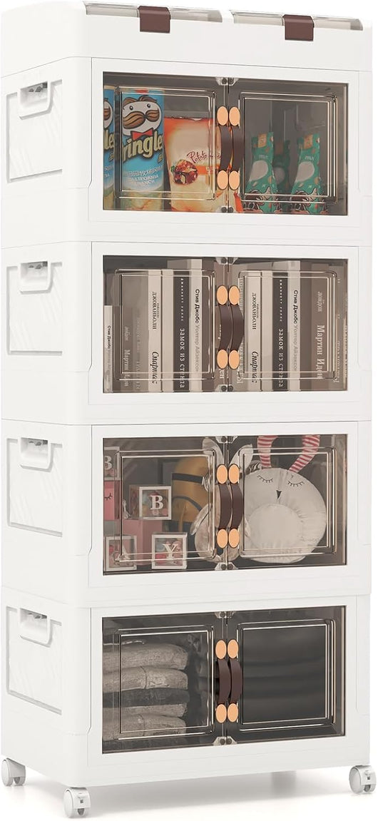 Scatole di Stoccaggio Pieghevoli con Coperchio, Set da 3/4 Contenitori con Ruote, Scatole Pieghevoli Organizer per Armadio con Porte Magnetiche ad Apertura Frontale, Multiuso(4 Livelli)