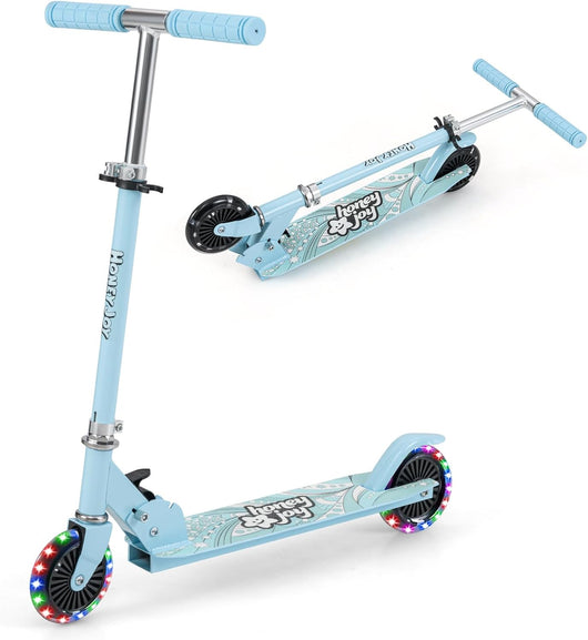 Monopattino Bambini, Monopattino Bambino e Bambina +3 Anni Pieghevole con 2 Ruote Lampeggianti, Manubrio Regolabile e Freno (Azzurro)