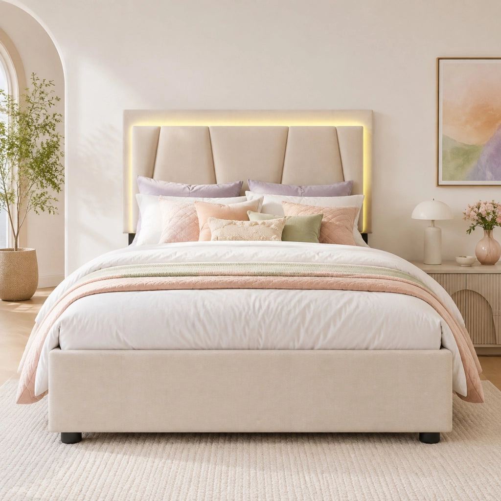 Letto singolo 90x200 cm beige con LED e 2 cassetti