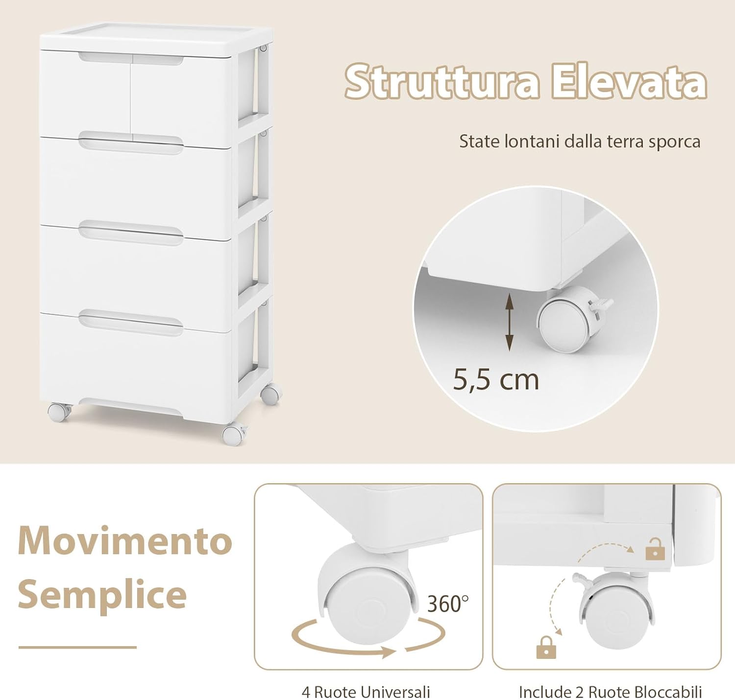 Carrello di Stoccaggio con Ruote, Cassettiera Verticale con Cassetti, Armadietto Contenitore di Stoccaggio, Organizzatore di Plastica per Casa Ufficio (4 cassetti)