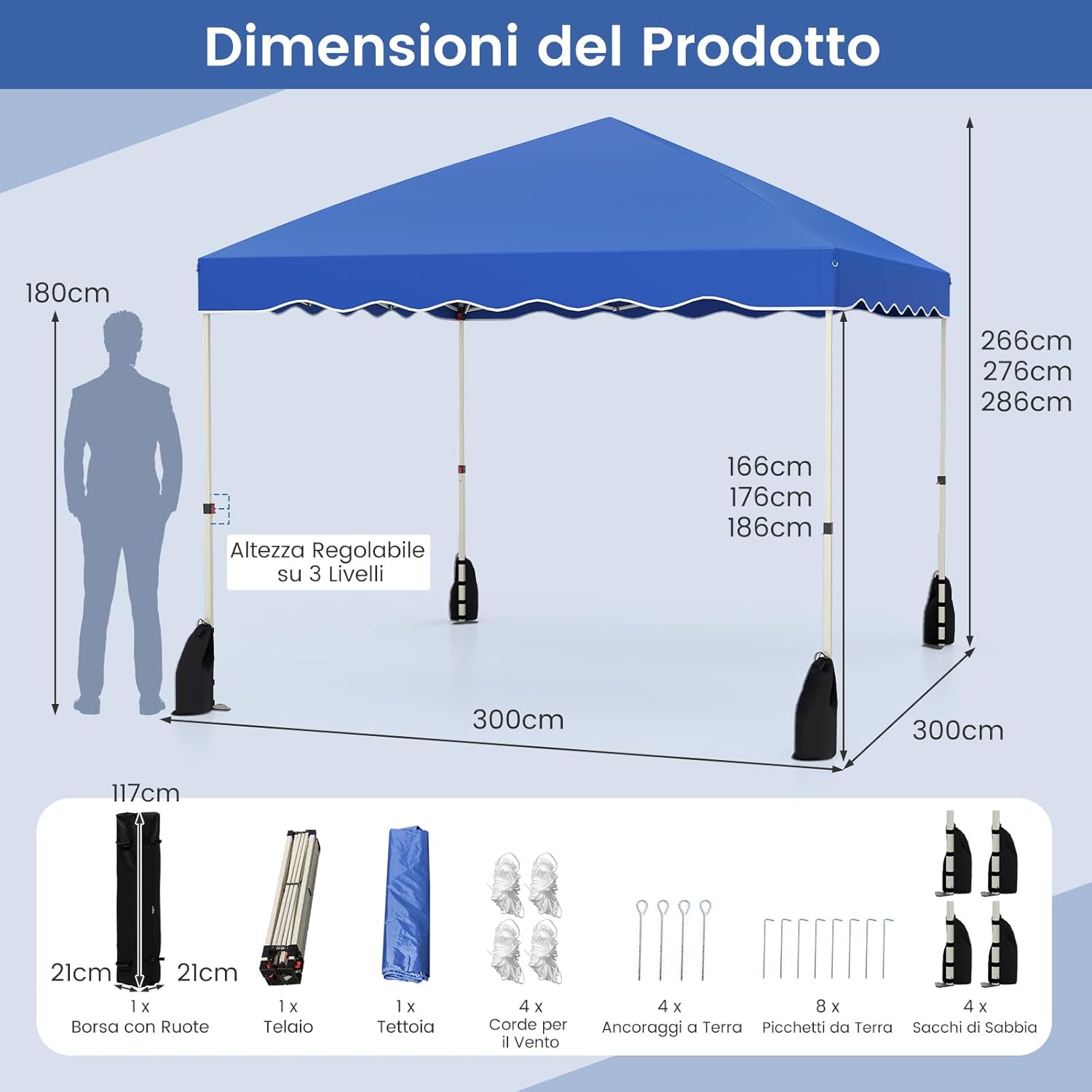 Gazebo Pop-up da Esterno 3 x 3 m, Gazebo Pieghevole con Borsa con Ruote, 8 Picchetti, 4 Ancore, 4 Corde Antivento, 4 Sacchi di Sabbia, Tendone Impermeabile per Eventi Commerciali (Blu)