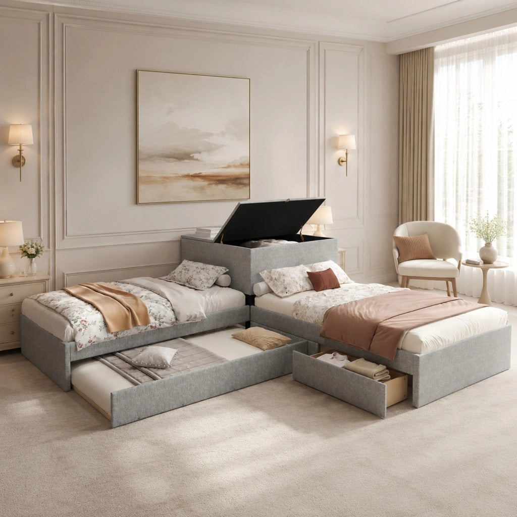 Letto angolare con letto estraibile, letto imbottito con contenitore, lino grigio, 90x200 cm, senza materasso