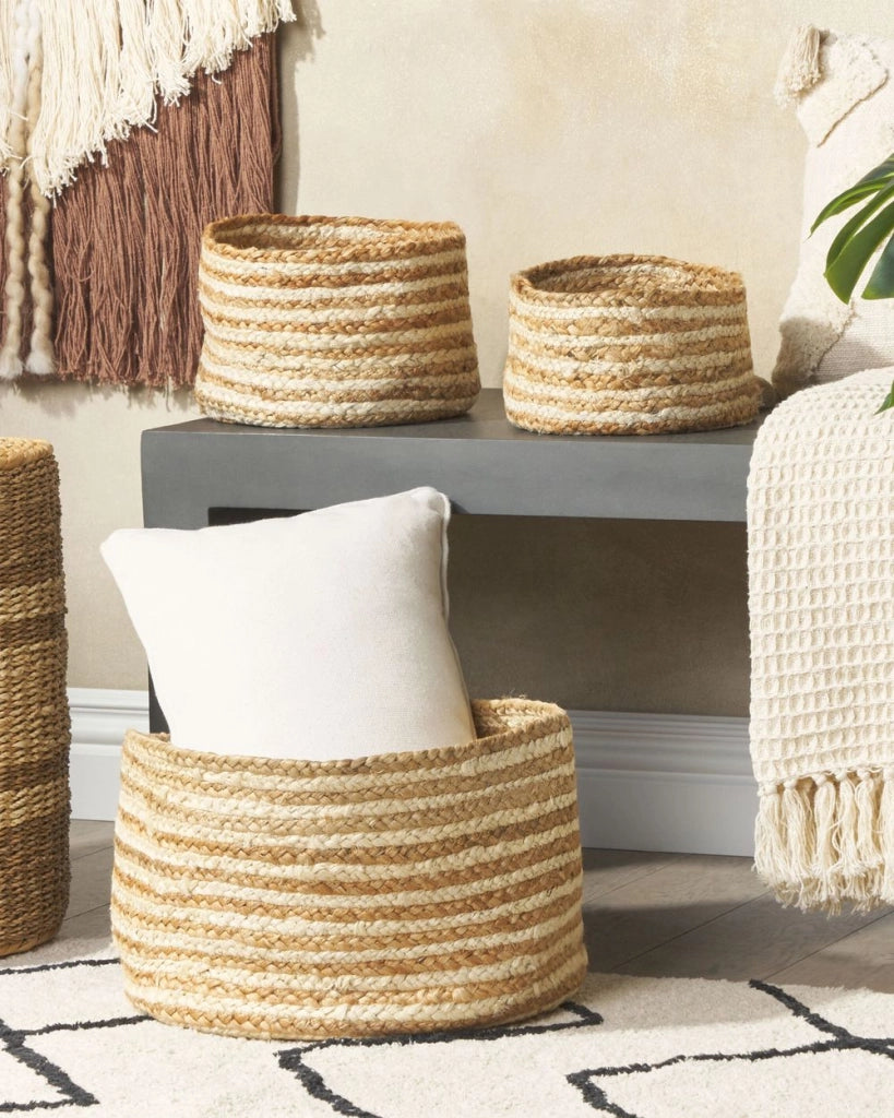Set di 3 cestini in tessuto di iuta naturale altezza 13/14/20 cm per riporre oggetti in stile rustico Boho