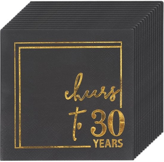 50 Stuks Servetten per 30° Compleanno con Decorazione Nero- Oro