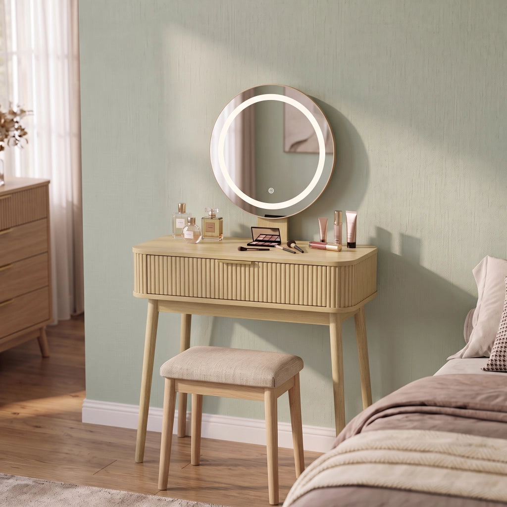 Toeletta con specchio rotondo e illuminazione LED a 3 modalità, cassetti capienti, colore rovere 80 × 40 × 133 cm