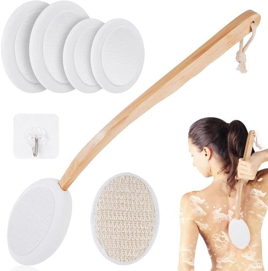 Set di 7 setole a spazzola con lunghe setole, spazzola a schiuma rimovibile per spazzola per doccia, spazzola a schiuma per schiena, spazzola per schiena auto-schiumante con accessori per il bagno per adulti e bambini.