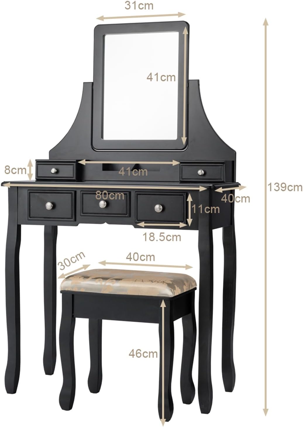 2-in-1 Toeletta Trucco con Sgabello, Postazione Trucco con Specchio Girevole a 360° Rimovibile, 5 Cassetti e Organizzatori, Tavolo da Trucco Scrivania Moderno, 80 x 40 x 139 cm (Nero)