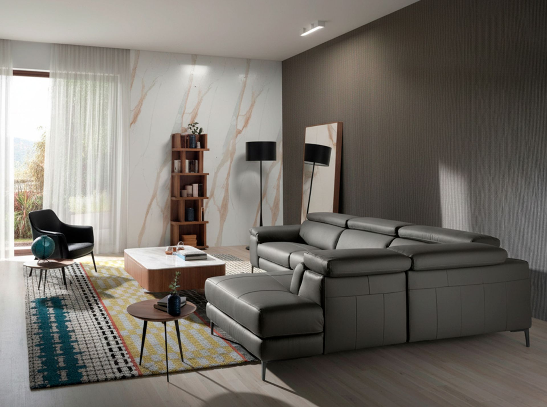 Divano relax con chaise longue destra in pelle grigio scuro