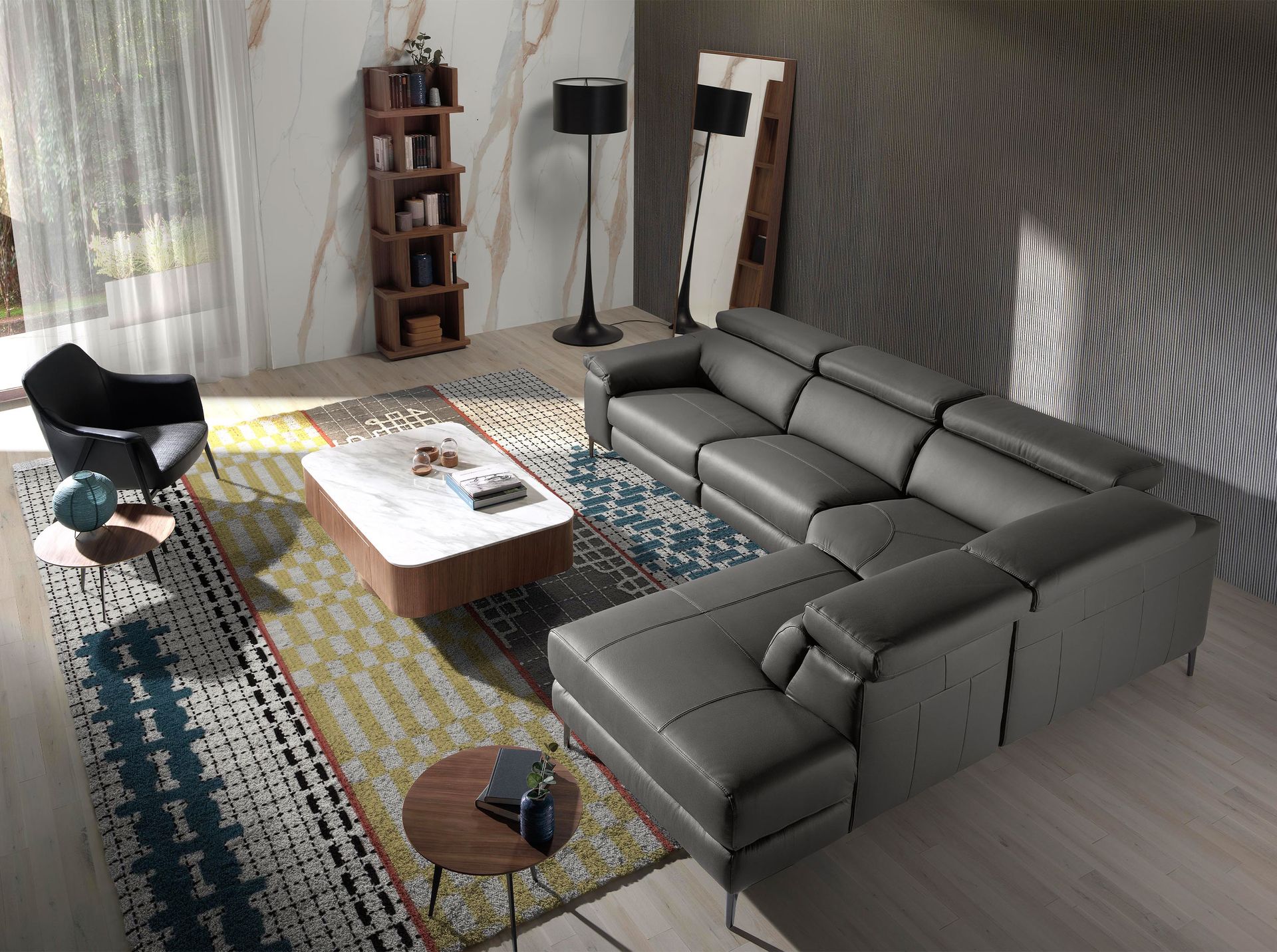 Divano relax con chaise longue destra in pelle grigio scuro