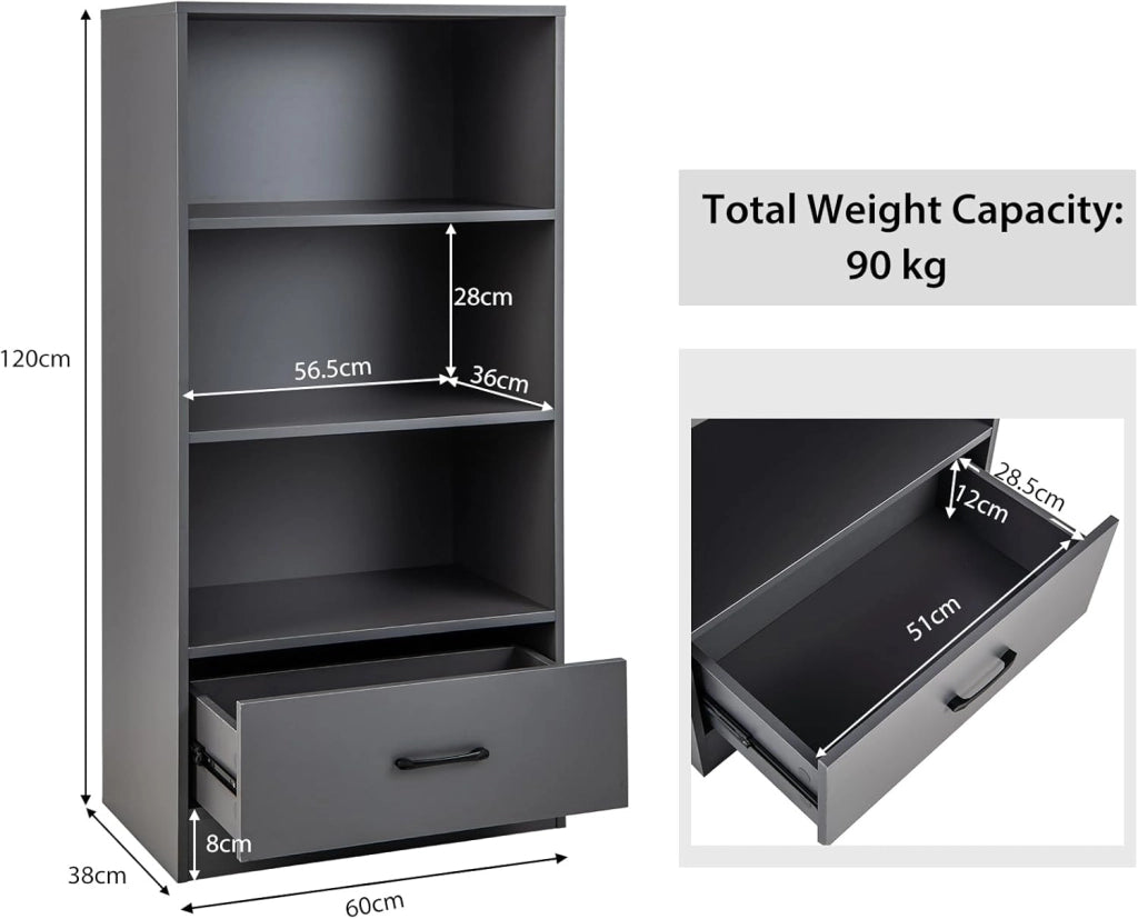 Mensola con cassetto, Libreria 4 Livelli con 3 Vani Aperti, Mensola in Legno per Soggiorno, Camera da letto, Ufficio (Grigio)