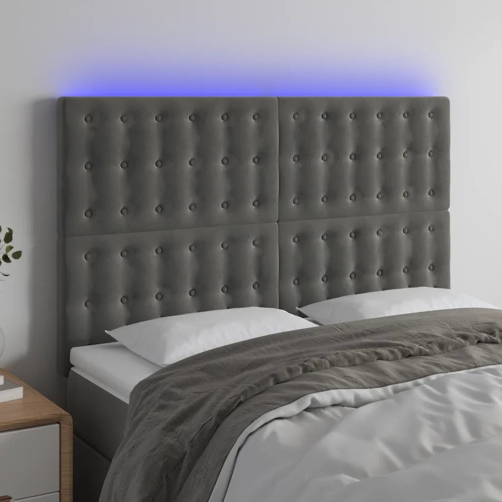Testiera a LED-Testata con LED Grigio Scuro 144x5x118/128cm in Velluto 693195