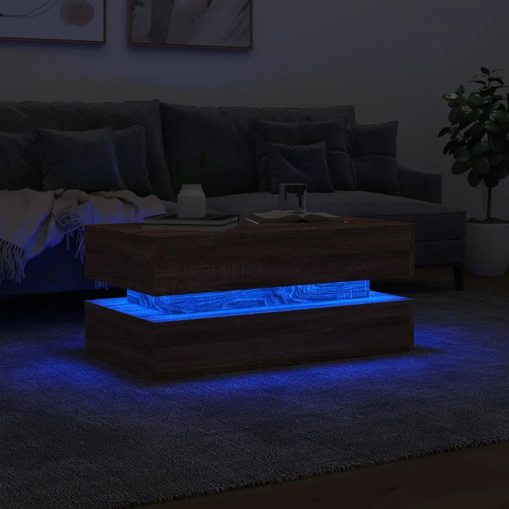 Tavolino da Soggiorno con Luci LED Rovere Marrone 90x50x40 cm 839867