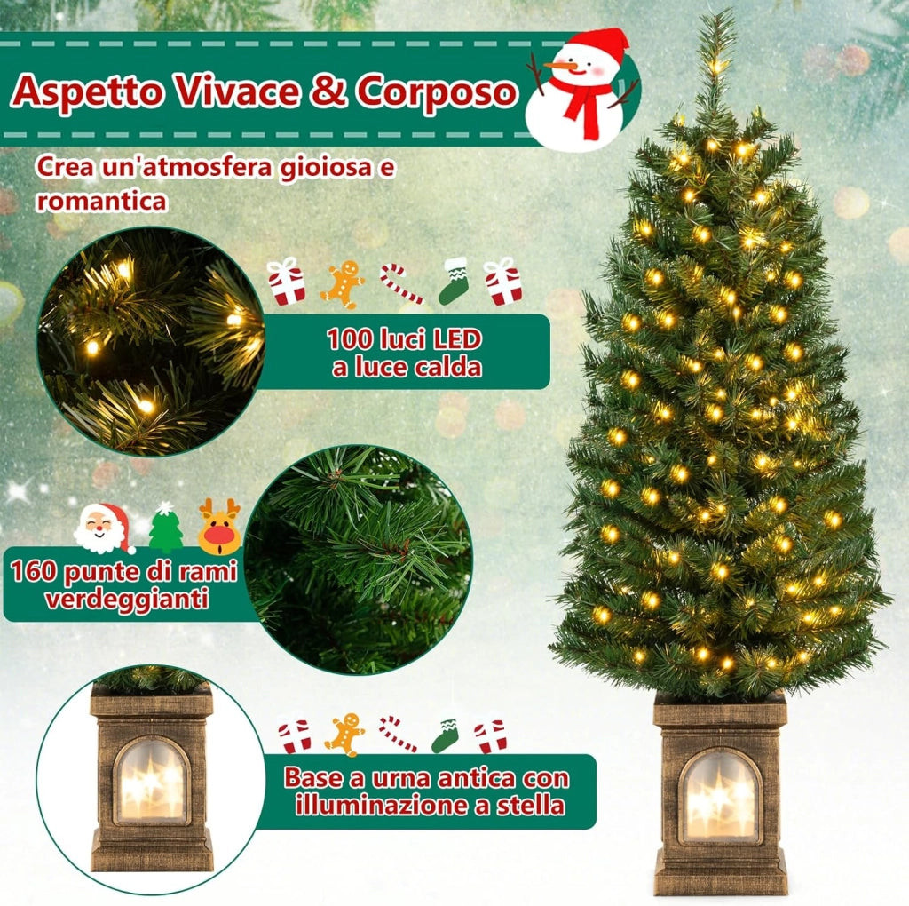 Albero di Natale 120 cm, Albero di Natale Artificiale Finto Pre-illuminato in Vaso con 100 Luci LED, Timer, 3 Modalità di Illuminazione, 160 Punte, Decorazione Natalizia da Interno