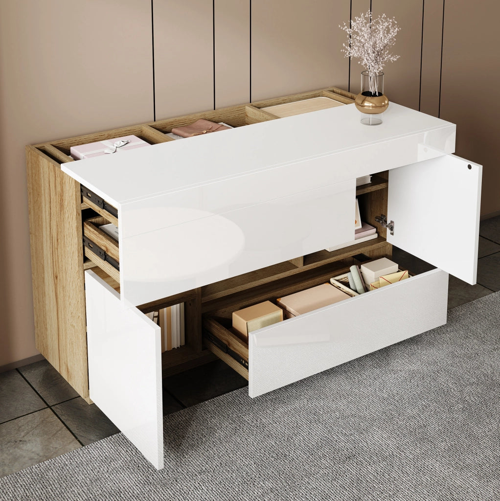Credenza bicolore con 2 cassetti; 2 ante; vano aperto e LED app a 16 colori