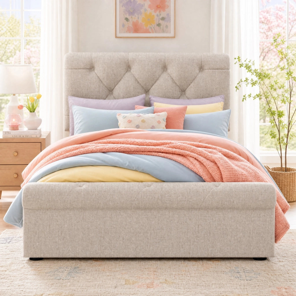 Letto singolo imbottito 90x200 cm con 2 cassetti, testiera regolabile, naturale